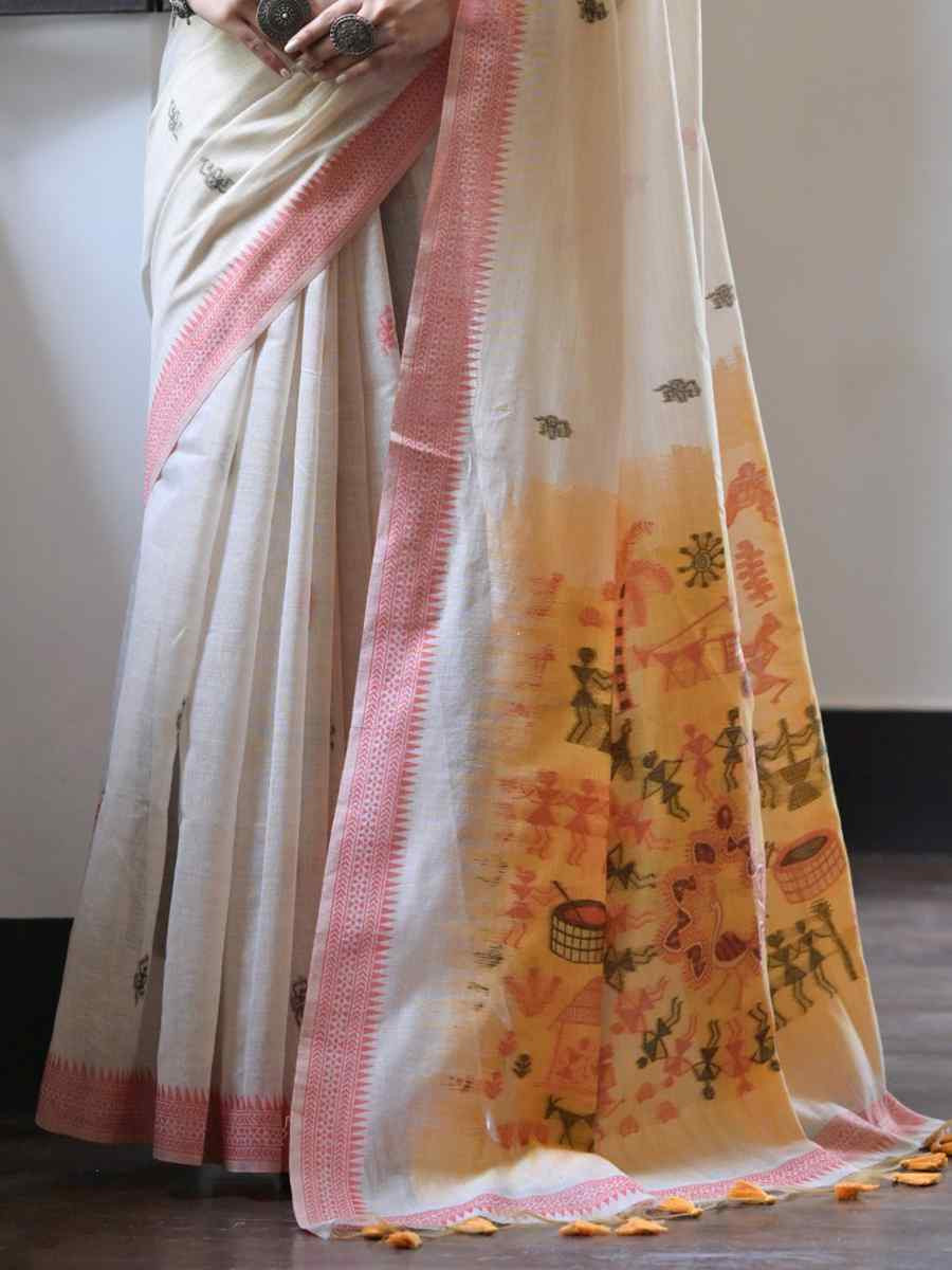 Cream Soft Muga Cotton Handwoven Casual Reception Festival Wedding Fancy Heavy Border Saree