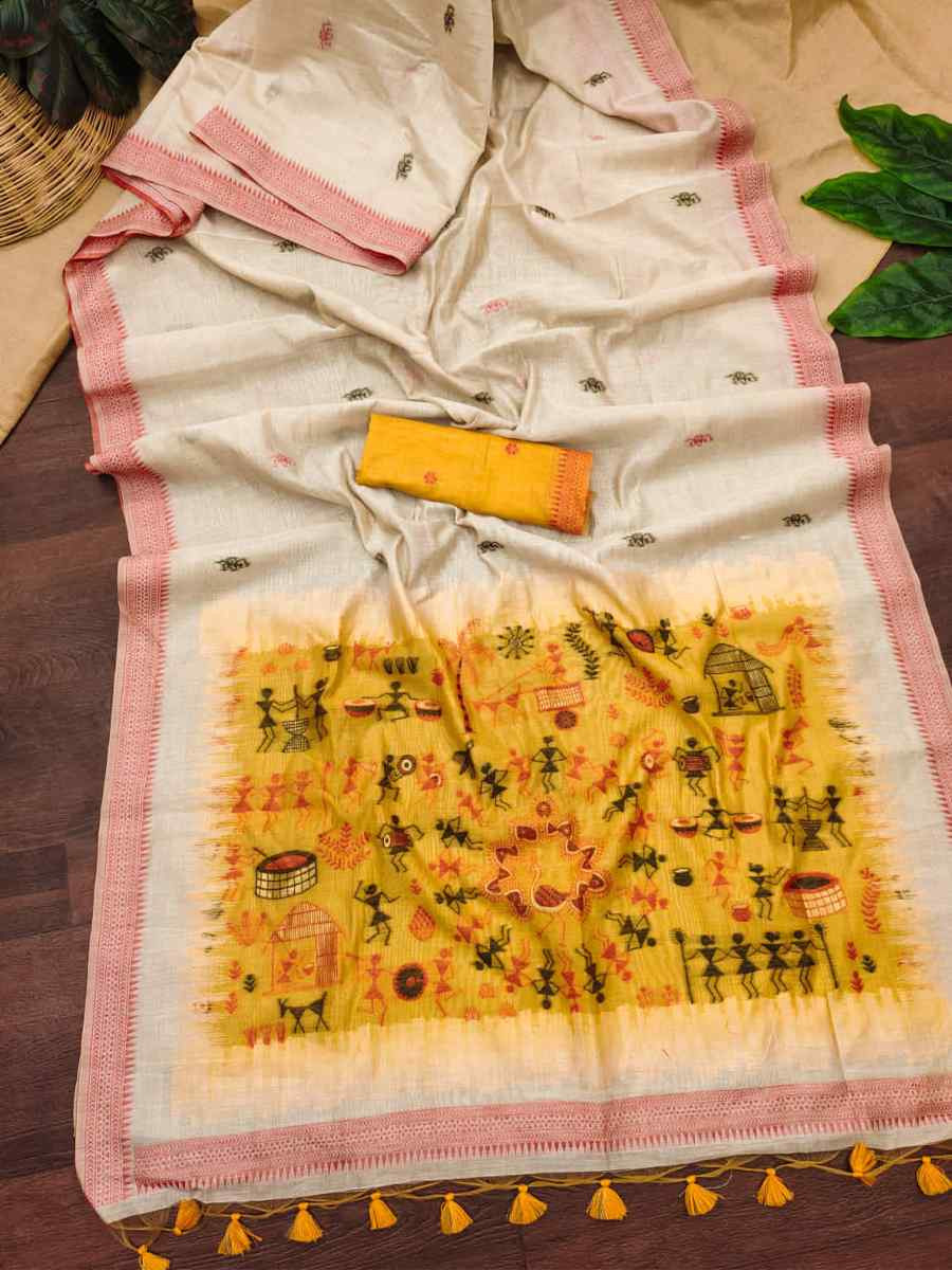 Cream Soft Muga Cotton Handwoven Casual Reception Festival Wedding Fancy Heavy Border Saree