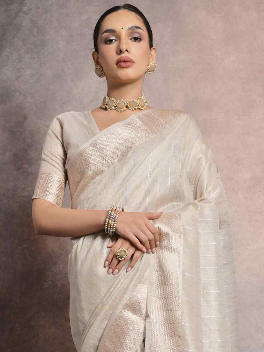 Cream Soft Mulberry Silk Handwoven Wedding Festival Heavy Border Saree