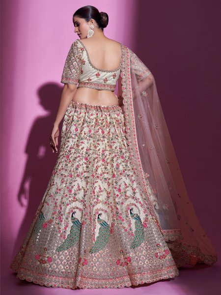 Cream Soft Net Embroidered Bridal Wedding Heavy Border Lehenga Choli