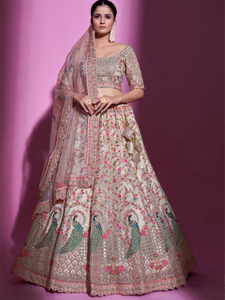 Cream Soft Net Embroidered Bridal Wedding Heavy Border Lehenga Choli