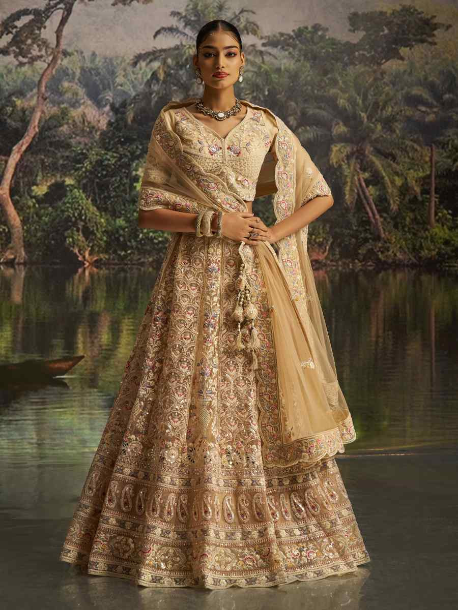 Cream Soft Net Embroidered Festival Wedding Party Reception Heavy Border Lehenga Choli