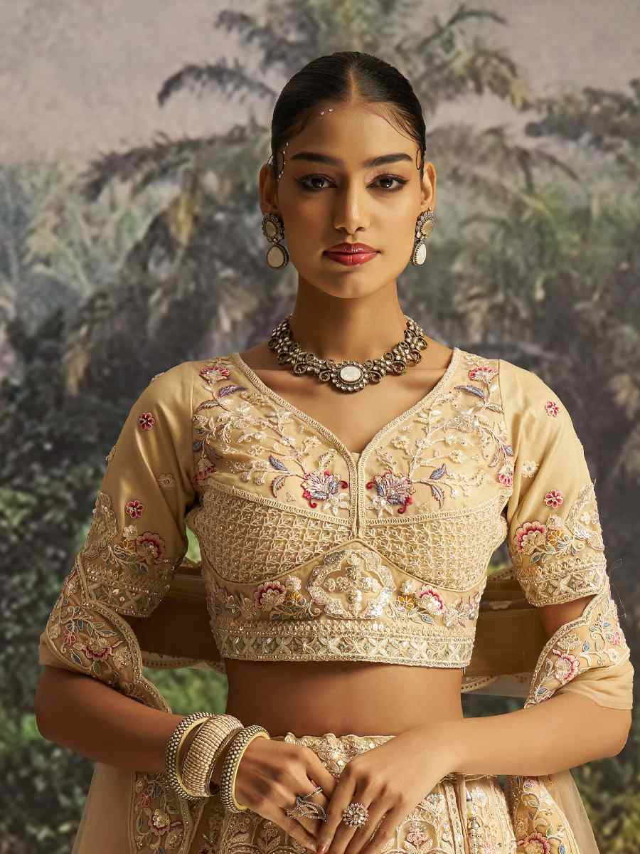 Cream Soft Net Embroidered Festival Wedding Party Reception Heavy Border Lehenga Choli