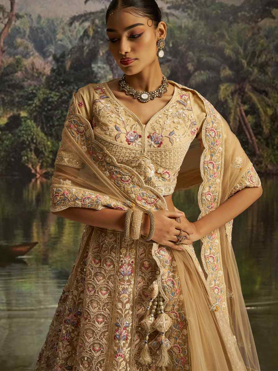 Cream Soft Net Embroidered Festival Wedding Party Reception Heavy Border Lehenga Choli