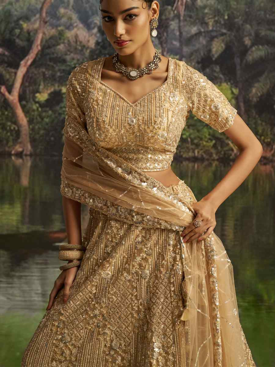 Cream Soft Net Embroidered Festival Wedding Party Reception Heavy Border Lehenga Choli