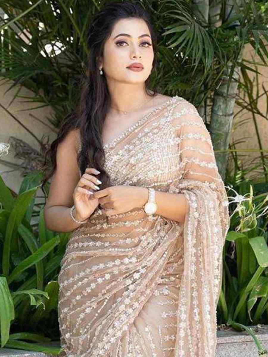 Cream Soft Net Embroidery Party Reception Classic Style Saree