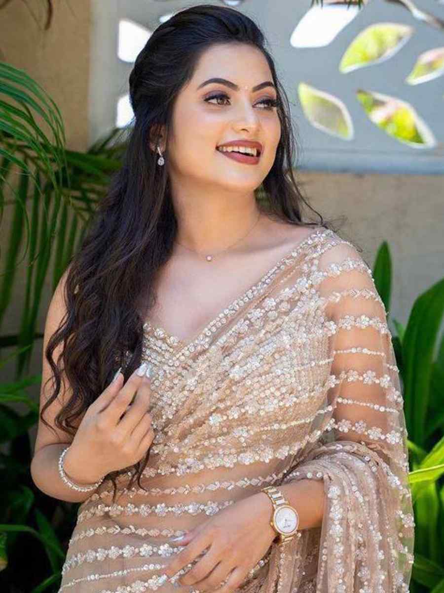 Cream Soft Net Embroidery Party Reception Classic Style Saree