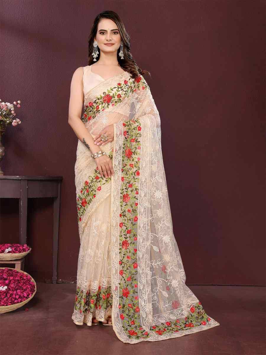 Cream Soft Net Embroidery Traditional Bridal Reception Festival Wedding Fancy Heavy Border Saree