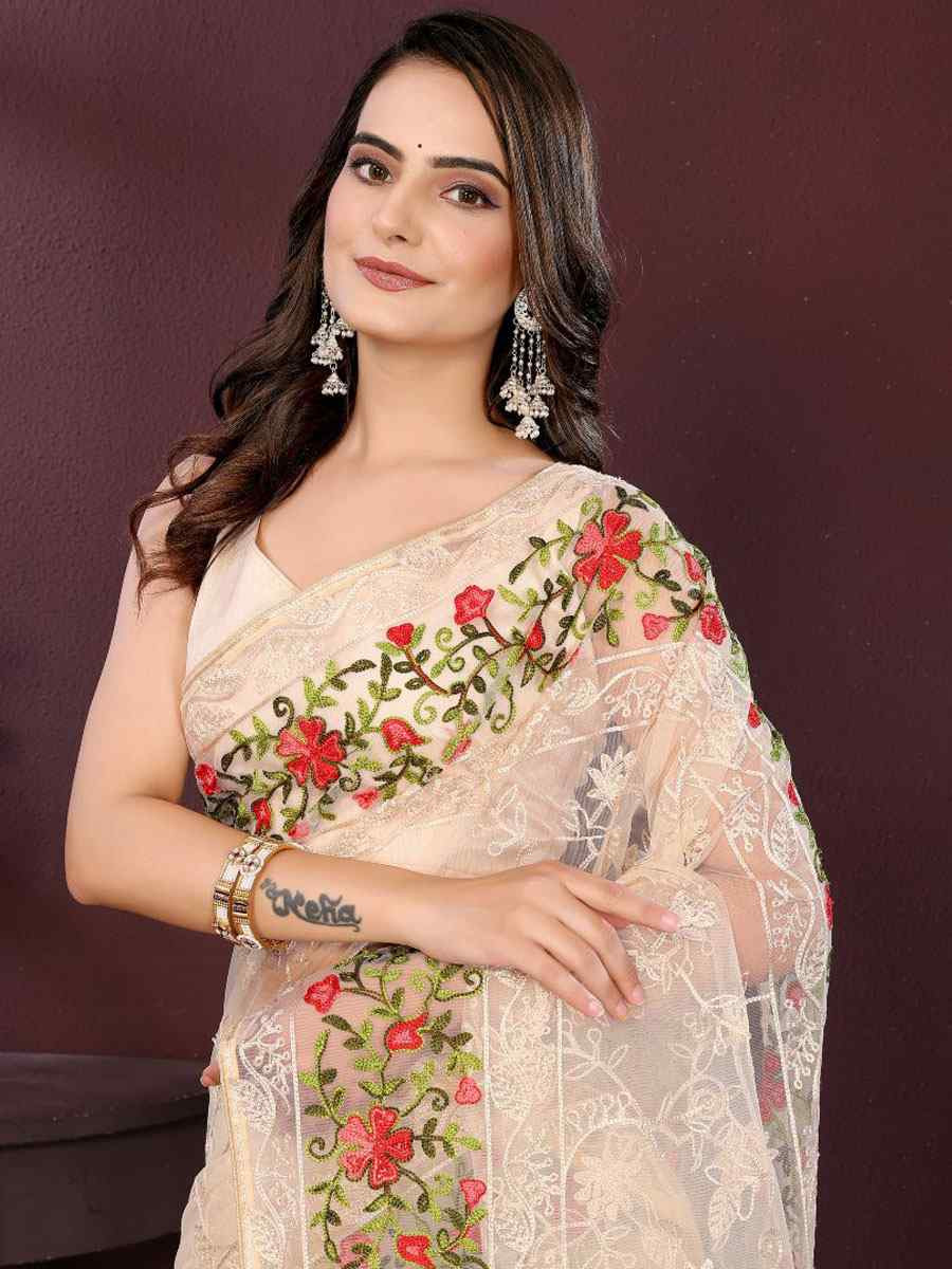 Cream Soft Net Embroidery Traditional Bridal Reception Festival Wedding Fancy Heavy Border Saree