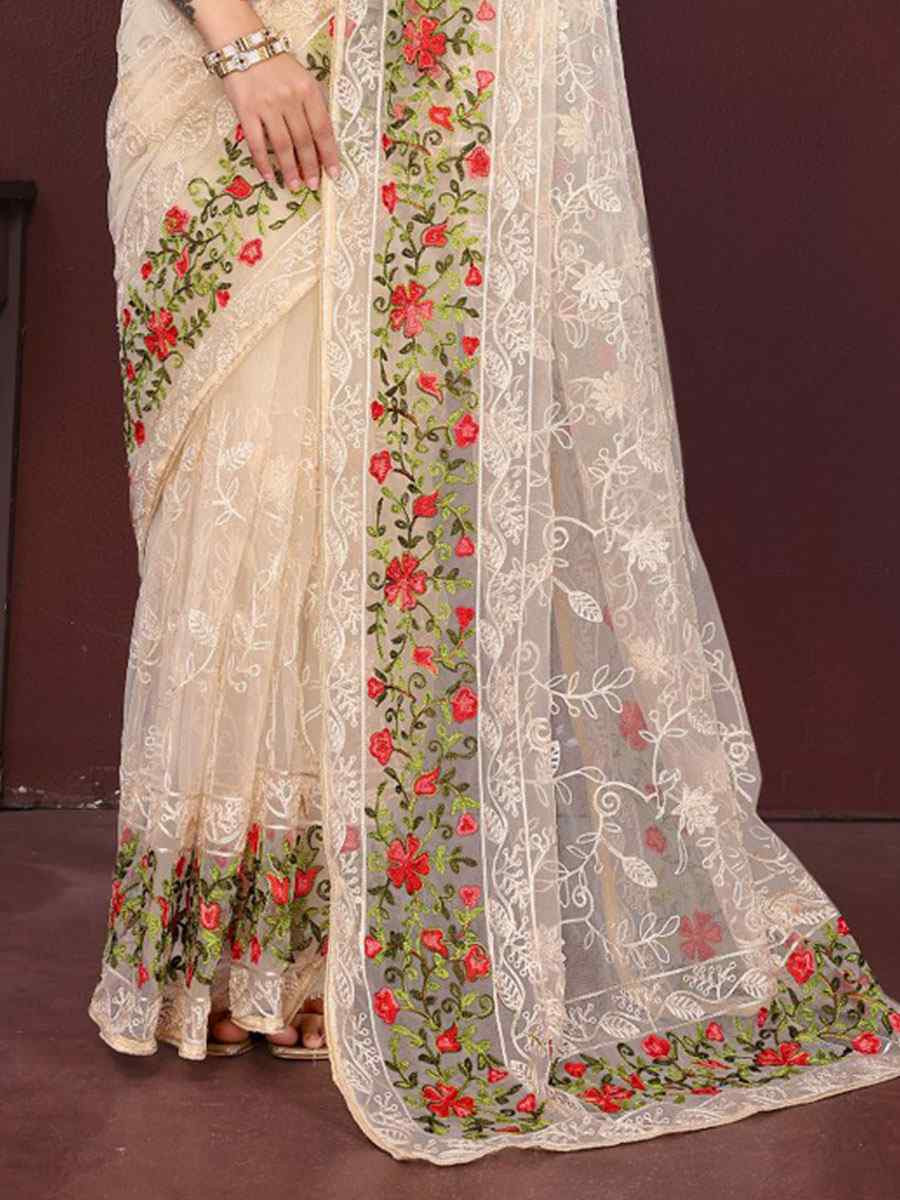 Cream Soft Net Embroidery Traditional Bridal Reception Festival Wedding Fancy Heavy Border Saree