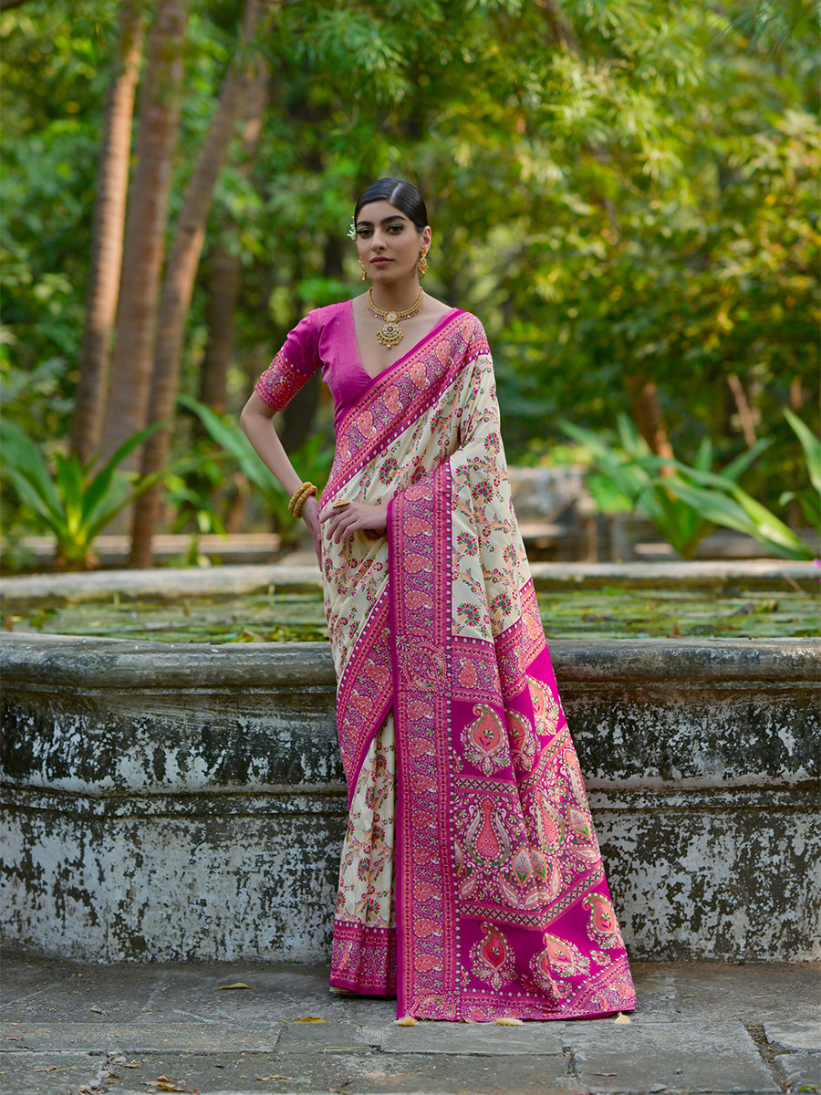 Cream Soft Pashmina Silk Zari Handwoven Casual Reception Festival Wedding Fancy Classic Heavy Border Sarees