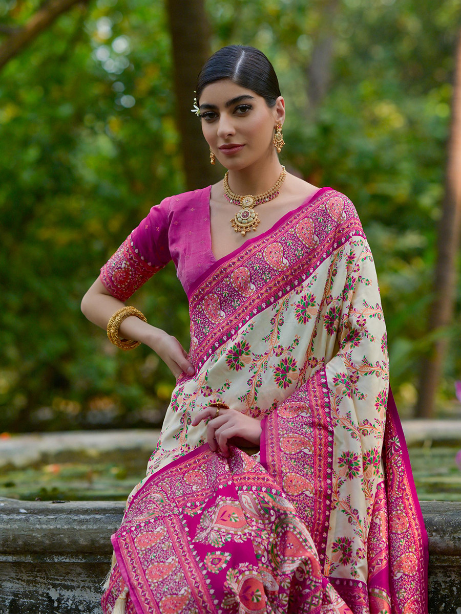 Cream Soft Pashmina Silk Zari Handwoven Casual Reception Festival Wedding Fancy Classic Heavy Border Sarees