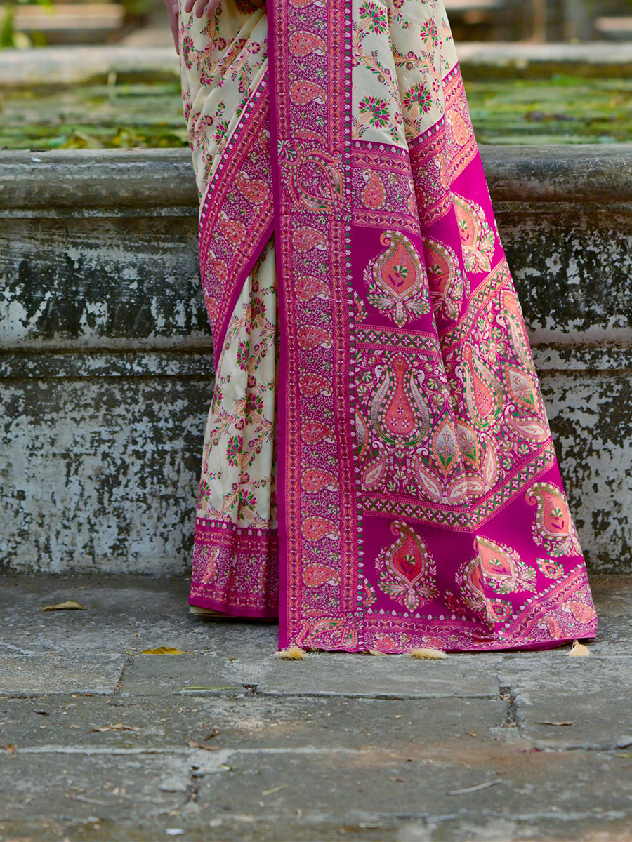 Cream Soft Pashmina Silk Zari Handwoven Casual Reception Festival Wedding Fancy Classic Heavy Border Sarees