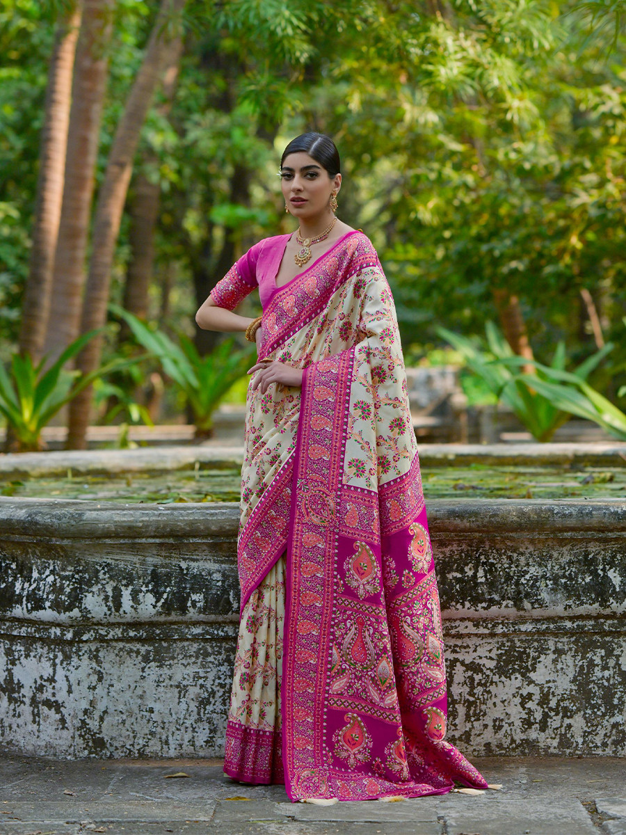 Cream Soft Pashmina Silk Zari Handwoven Casual Reception Festival Wedding Fancy Classic Heavy Border Sarees