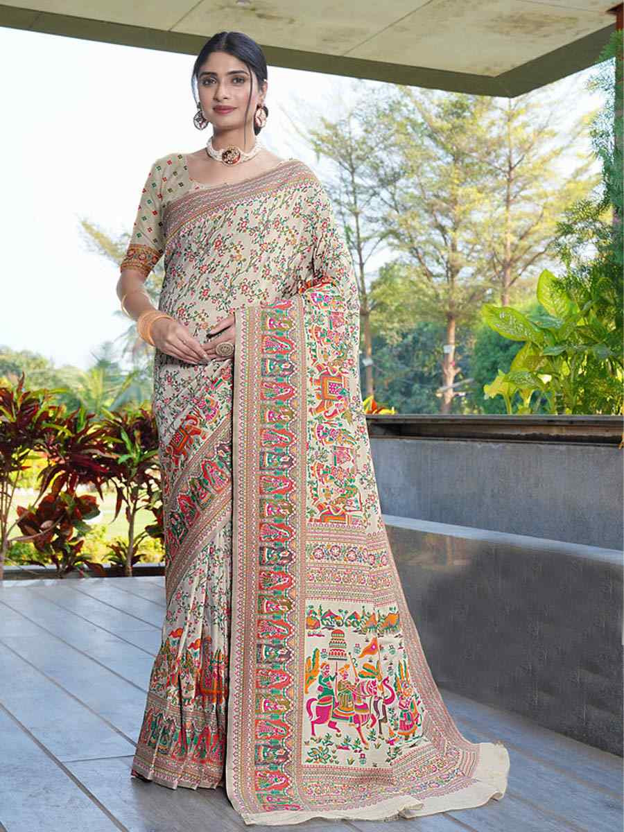 Cream Soft Pure Silk Handwoven Festival Wedding Fancy Heavy Border Saree