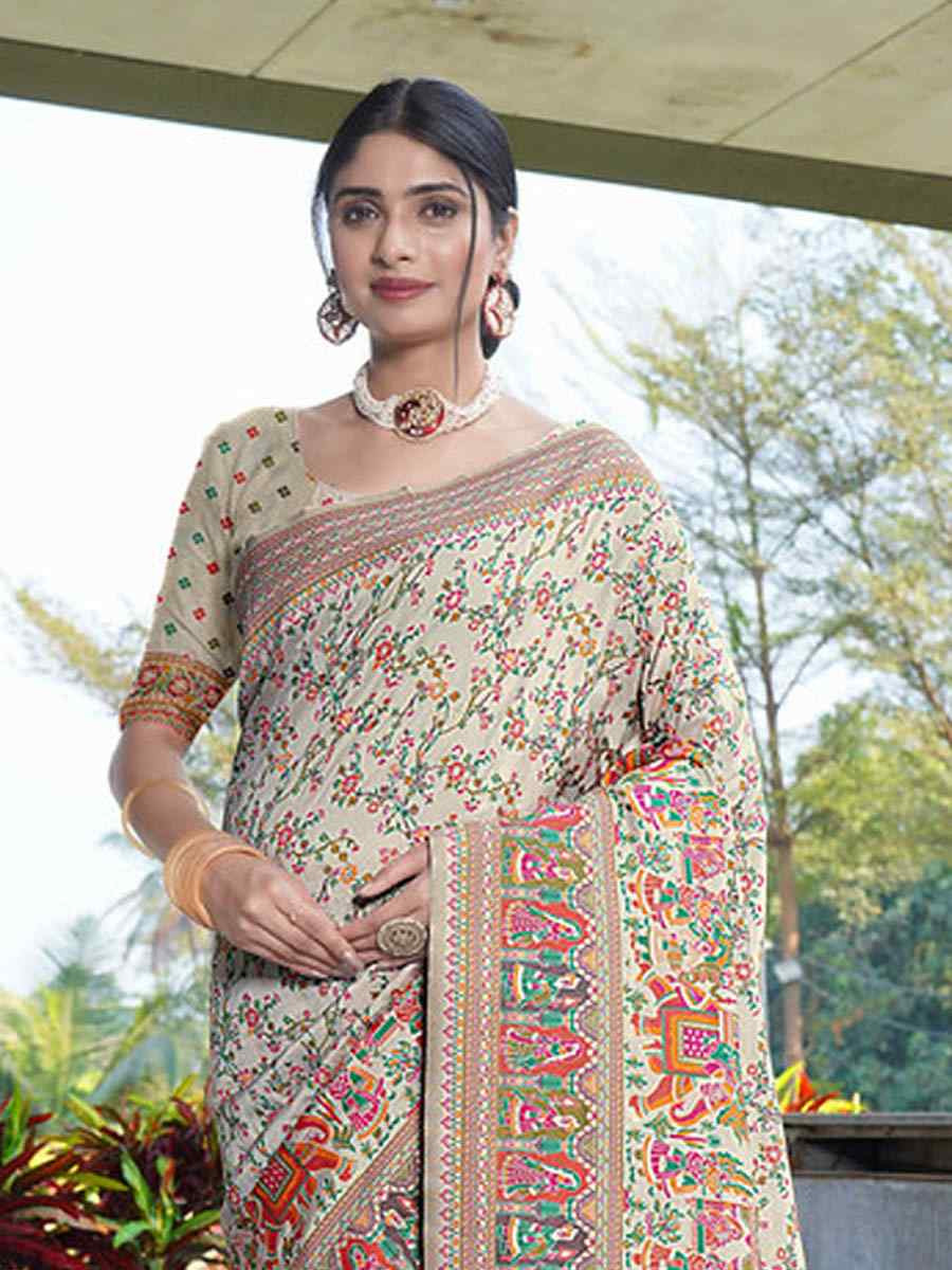 Cream Soft Pure Silk Handwoven Festival Wedding Fancy Heavy Border Saree