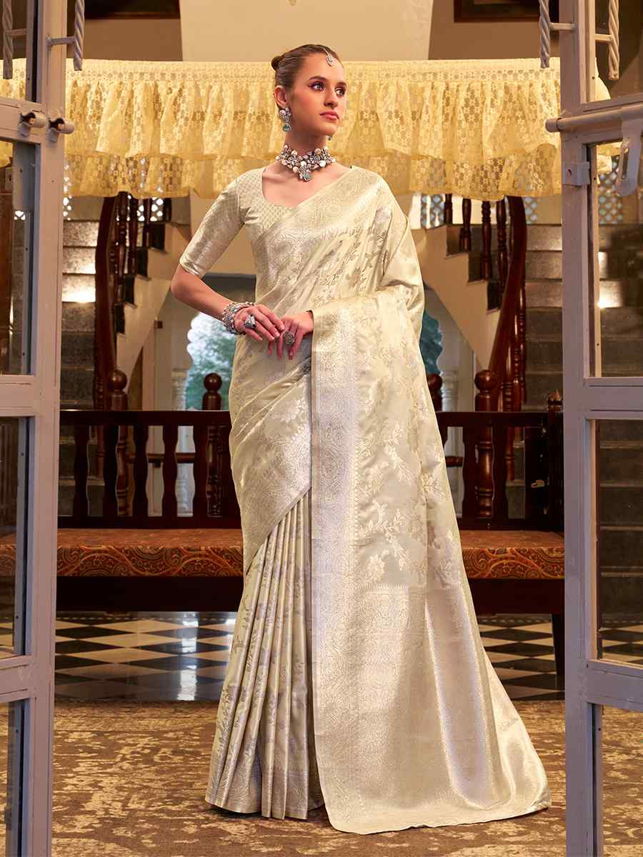 Cream Soft Satin Silk Handwoven Festival Wedding Fancy Heavy Border Saree