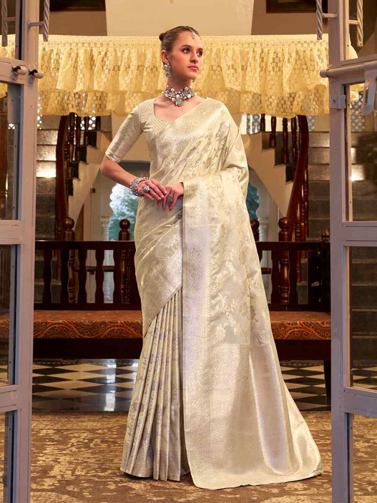 Cream Soft Satin Silk Handwoven Festival Wedding Fancy Heavy Border Saree
