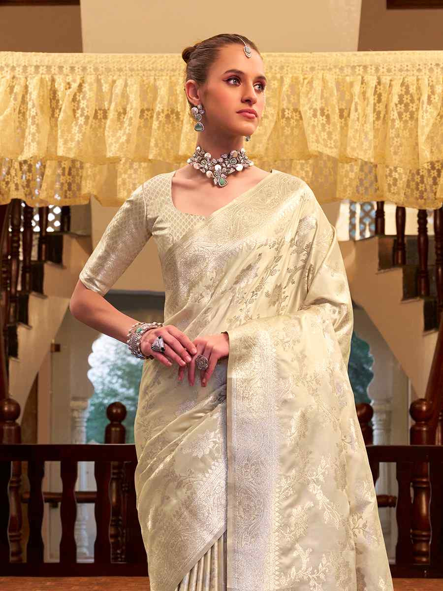 Cream Soft Satin Silk Handwoven Festival Wedding Fancy Heavy Border Saree