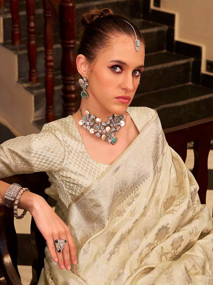 Cream Soft Satin Silk Handwoven Festival Wedding Fancy Heavy Border Saree