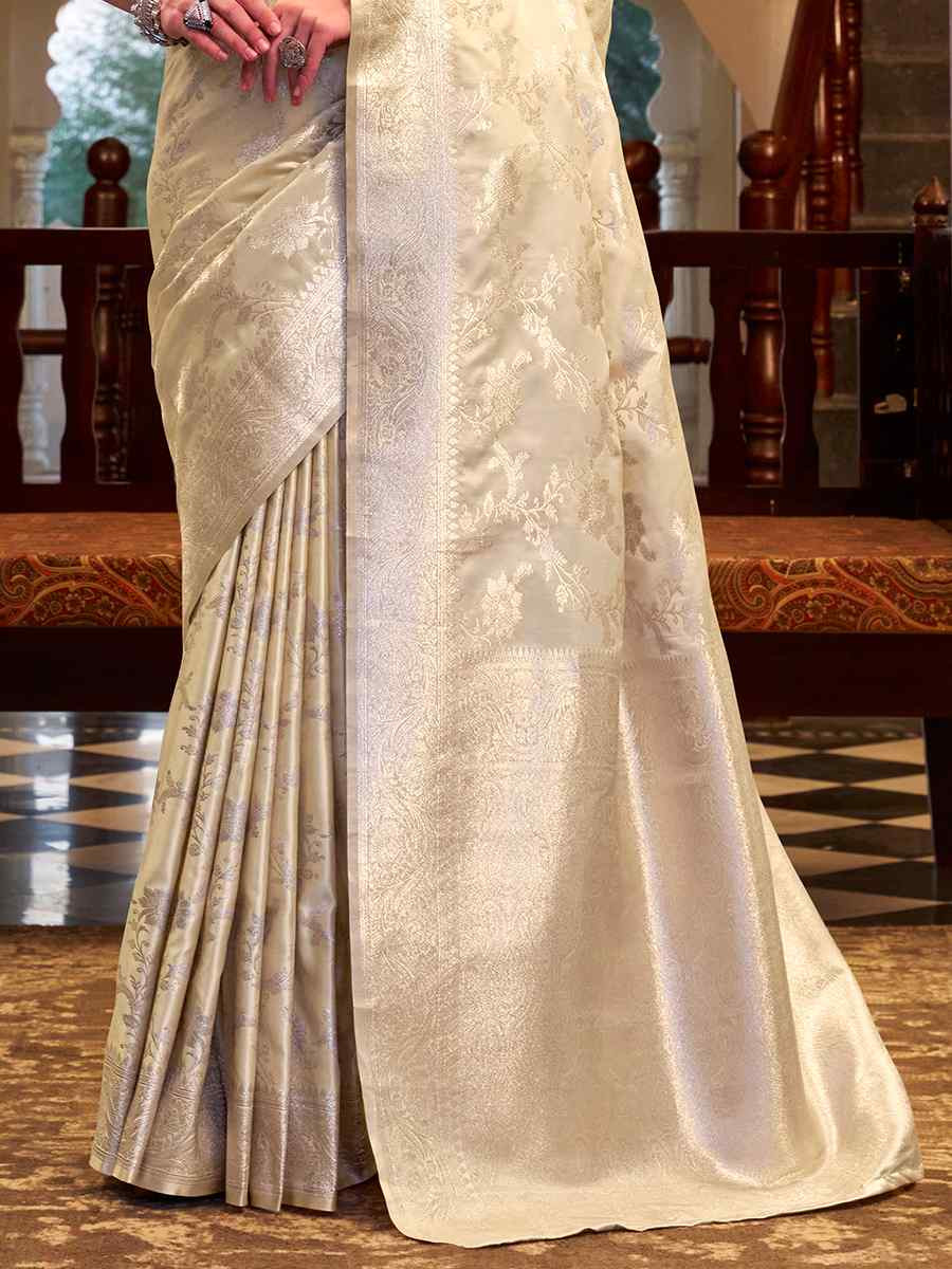 Cream Soft Satin Silk Handwoven Festival Wedding Fancy Heavy Border Saree