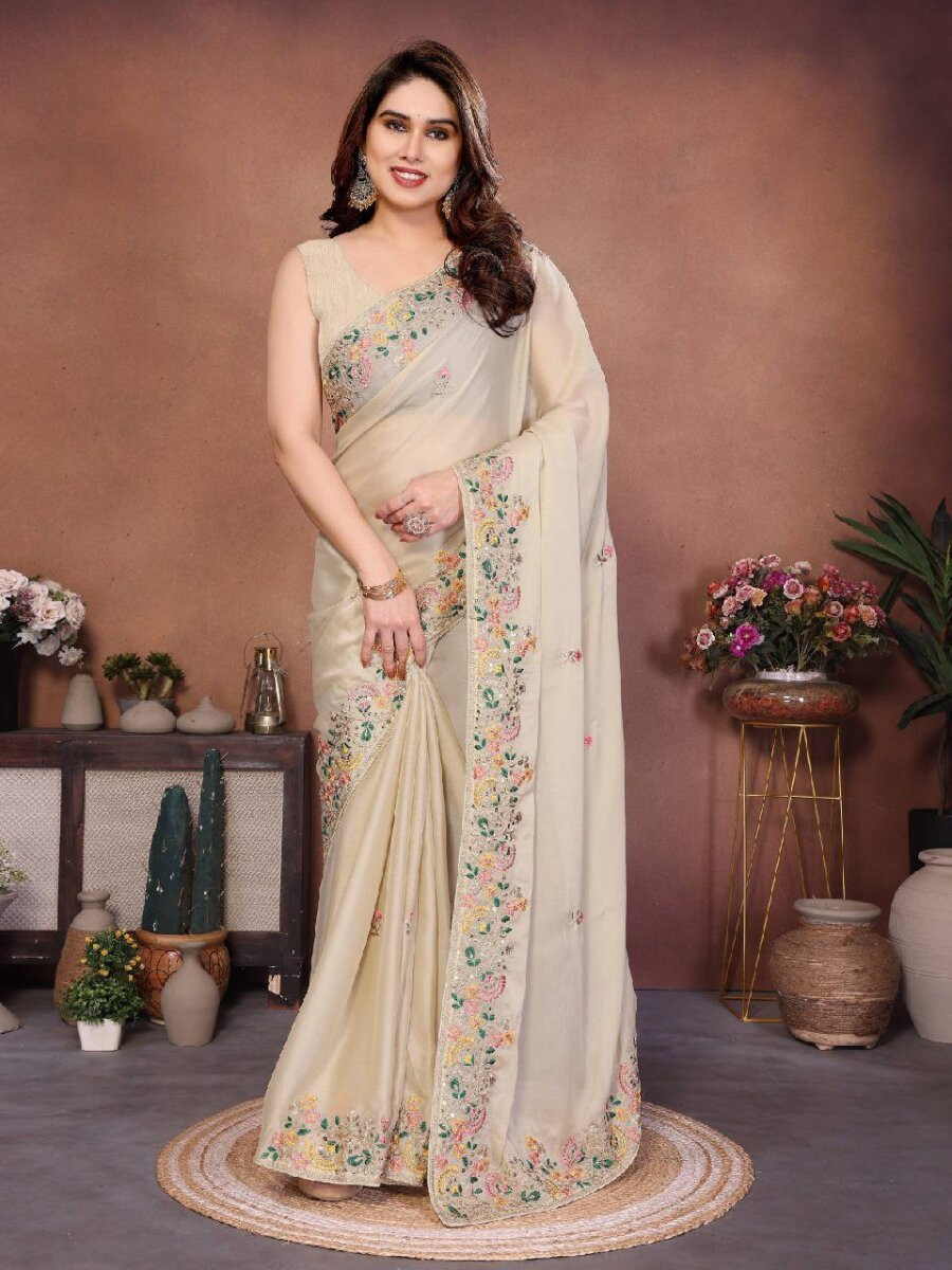 Cream Soft Silk Embroidery Wedding Reception Party Festival Casual Heavy Border Sarees