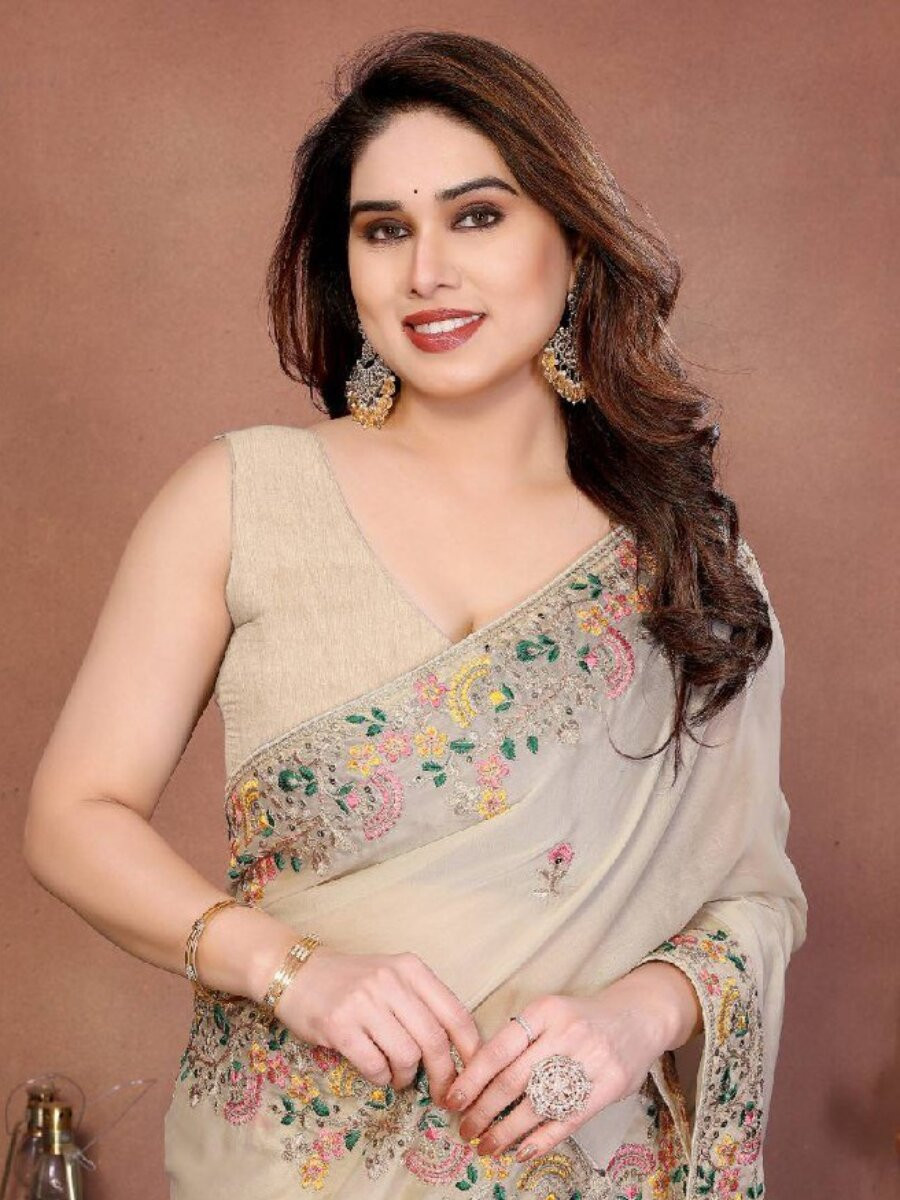 Cream Soft Silk Embroidery Wedding Reception Party Festival Casual Heavy Border Sarees