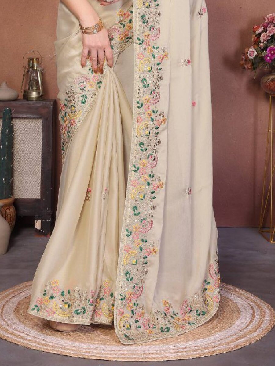 Cream Soft Silk Embroidery Wedding Reception Party Festival Casual Heavy Border Sarees