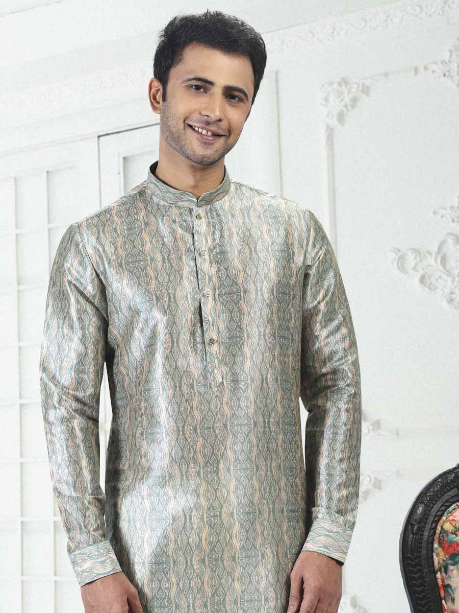 Cream Teal Green Banarasi Silk Printed Festival Wedding Kurta