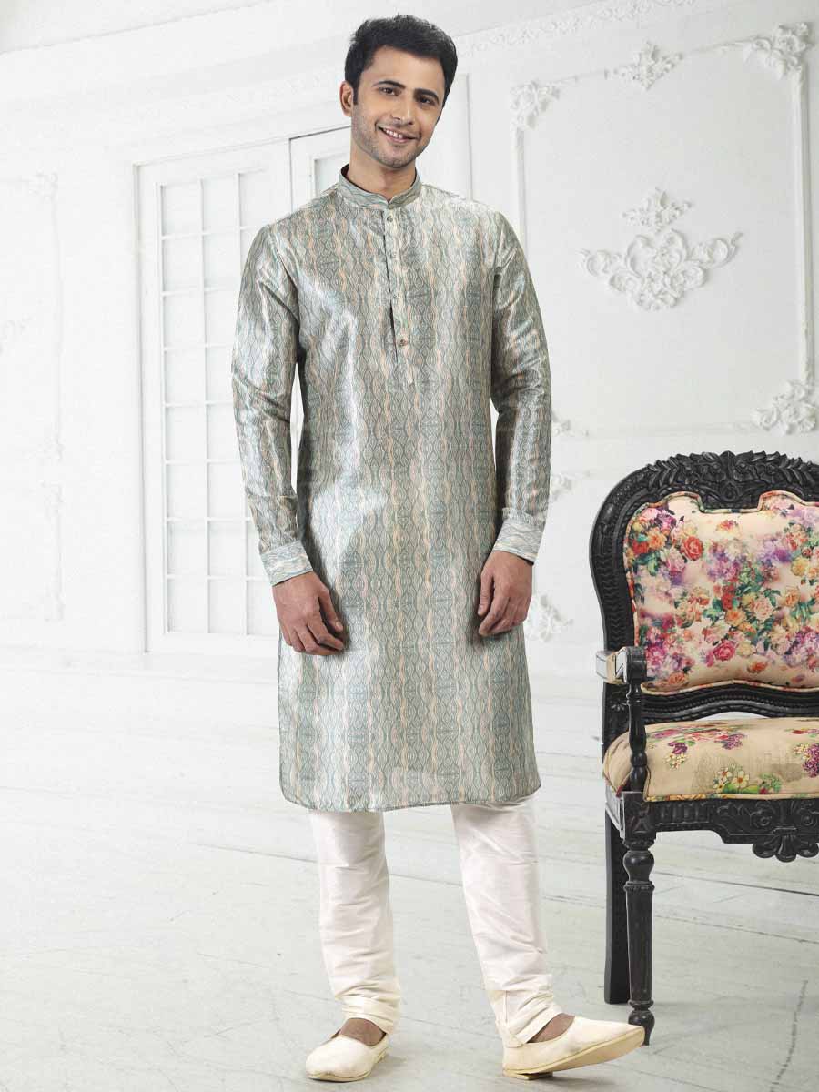 Cream Teal Green Banarasi Silk Printed Festival Wedding Kurta