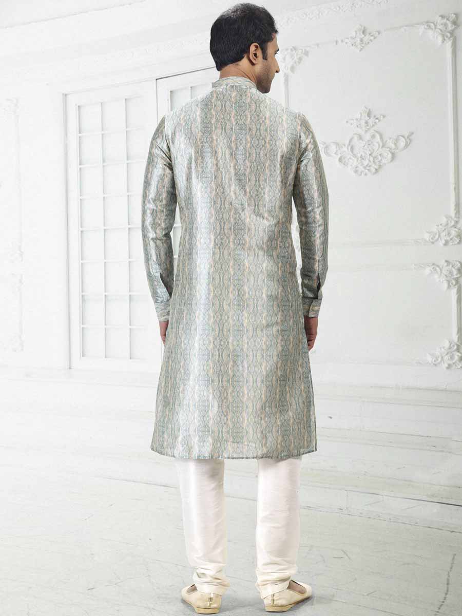 Cream Teal Green Banarasi Silk Printed Festival Wedding Kurta