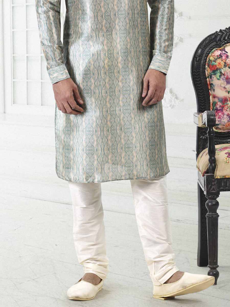 Cream Teal Green Banarasi Silk Printed Festival Wedding Kurta