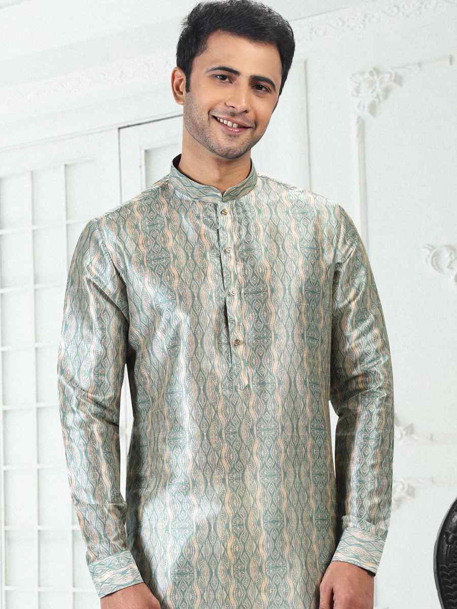 Cream Teal Green Banarasi Silk Woven Festival Party Kurta