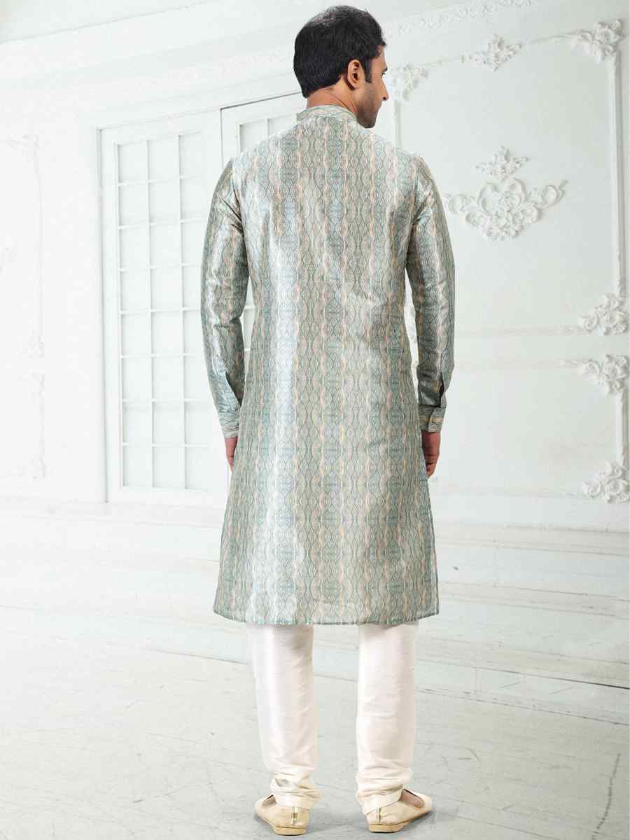 Cream Teal Green Banarasi Silk Woven Festival Party Kurta