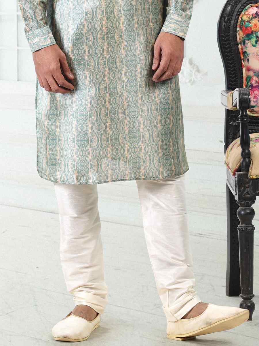 Cream Teal Green Banarasi Silk Woven Festival Party Kurta