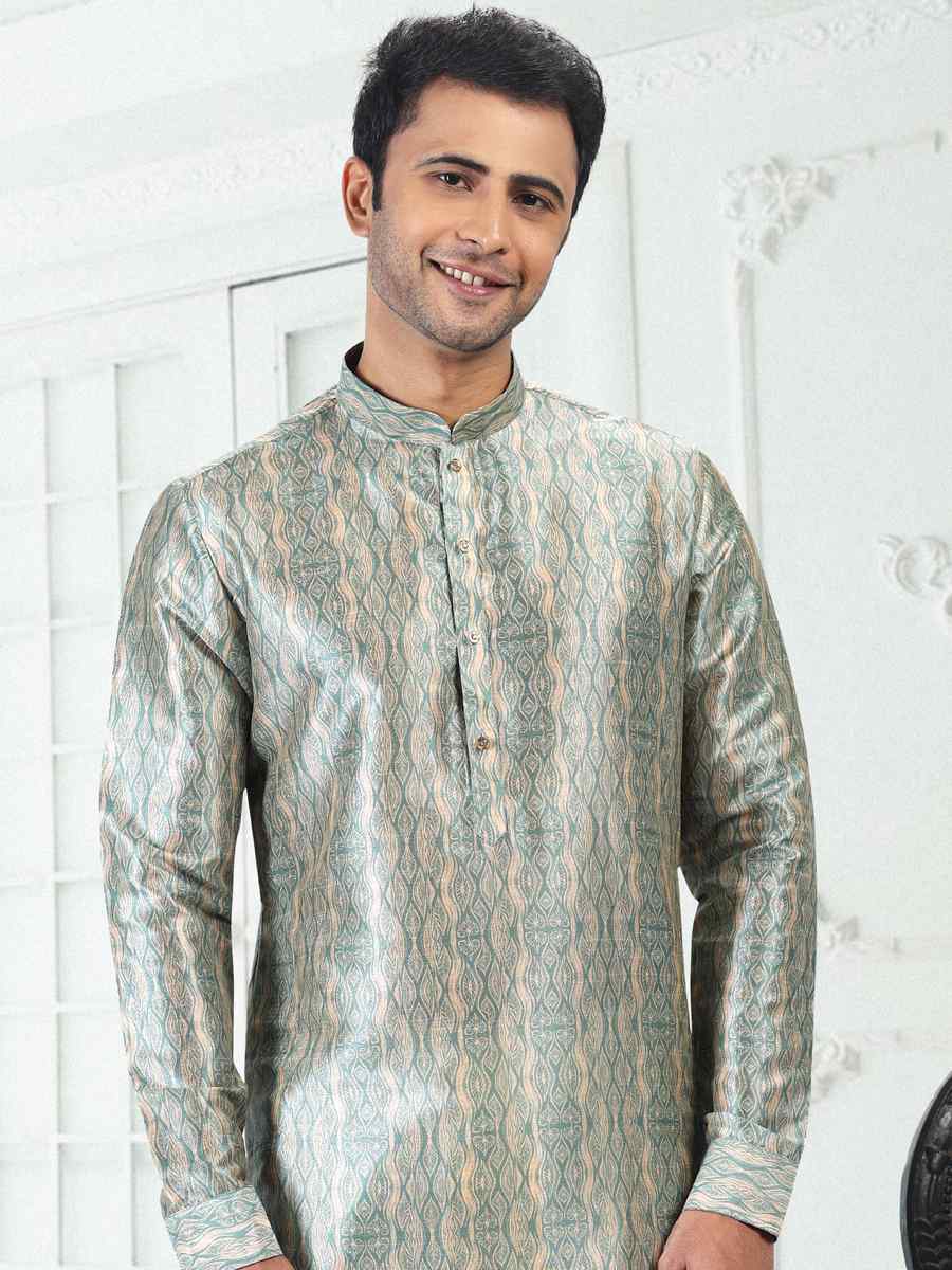 Cream Teal Green Banarasi Silk Woven Festival Party Kurta