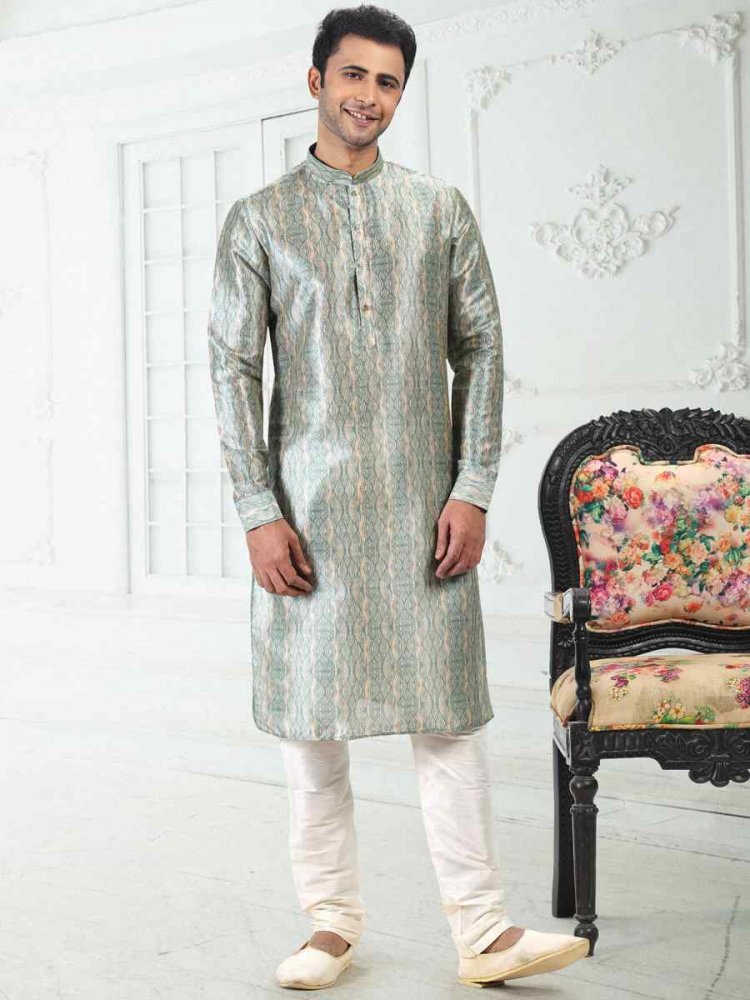 Cream Teal Green Banarasi Silk Woven Festival Party Kurta