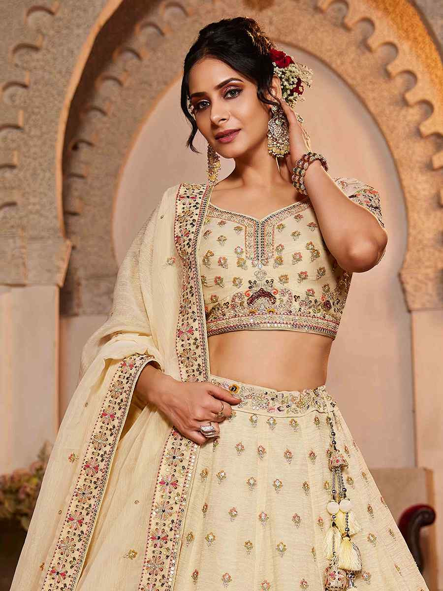 Cream Tissue Embroidered Reception Wedding Heavy Border Lehenga Choli