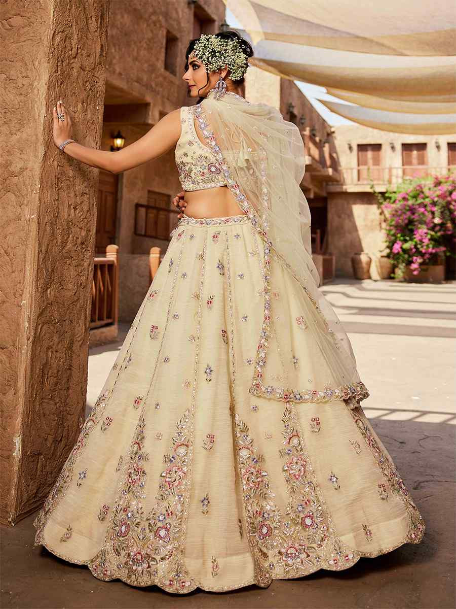 Cream Tissue Embroidered Reception Wedding Heavy Border Lehenga Choli