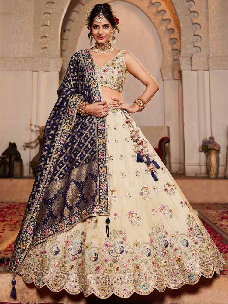 Cream Tissue Embroidered Reception Wedding Heavy Border Lehenga Choli