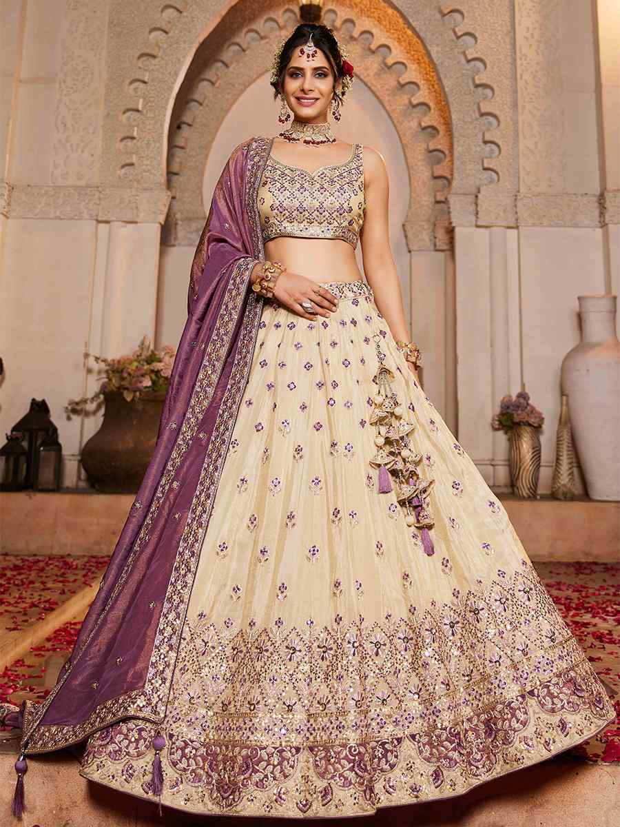 Cream Tissue Embroidered Reception Wedding Heavy Border Lehenga Choli