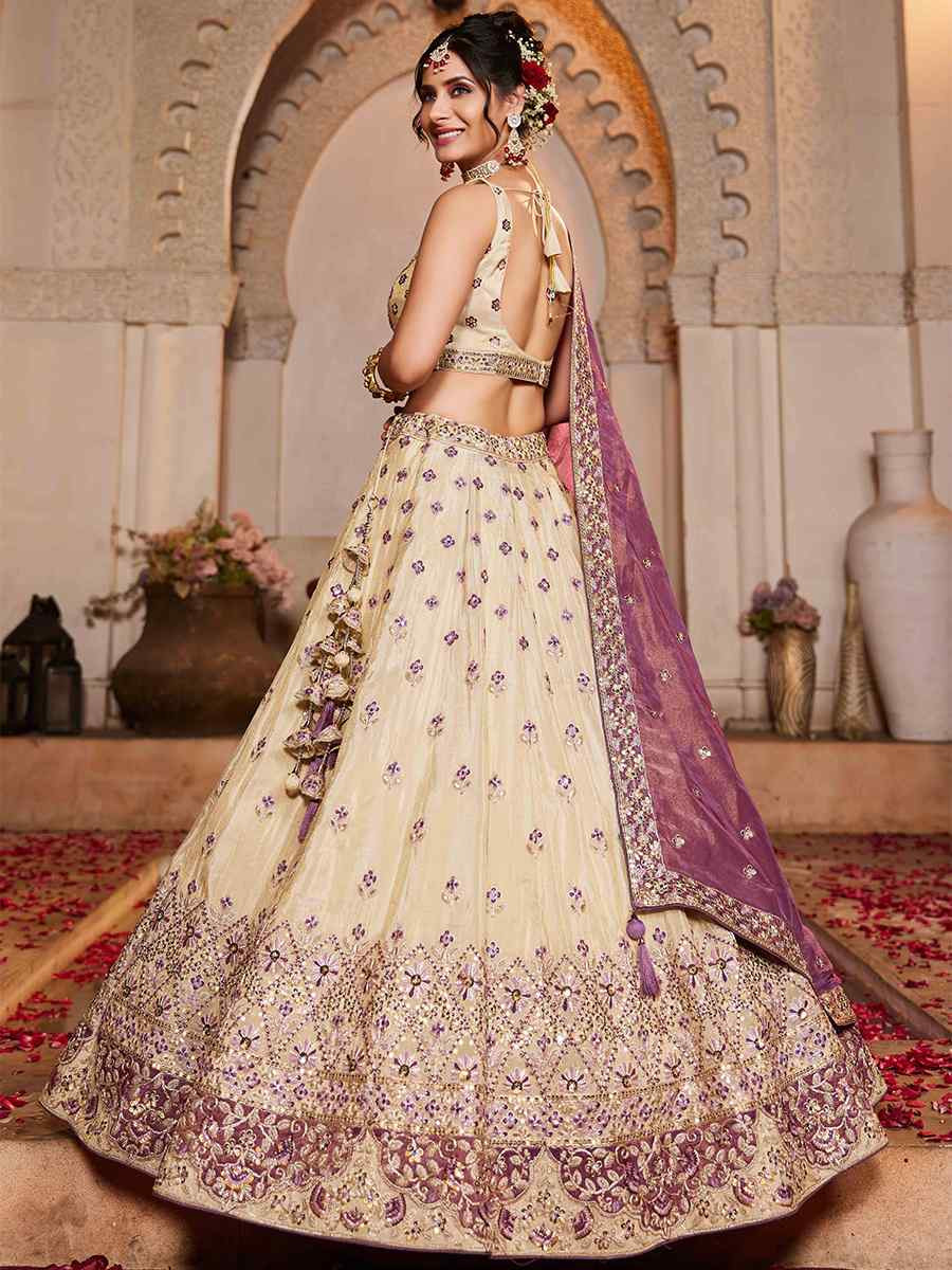 Cream Tissue Embroidered Reception Wedding Heavy Border Lehenga Choli