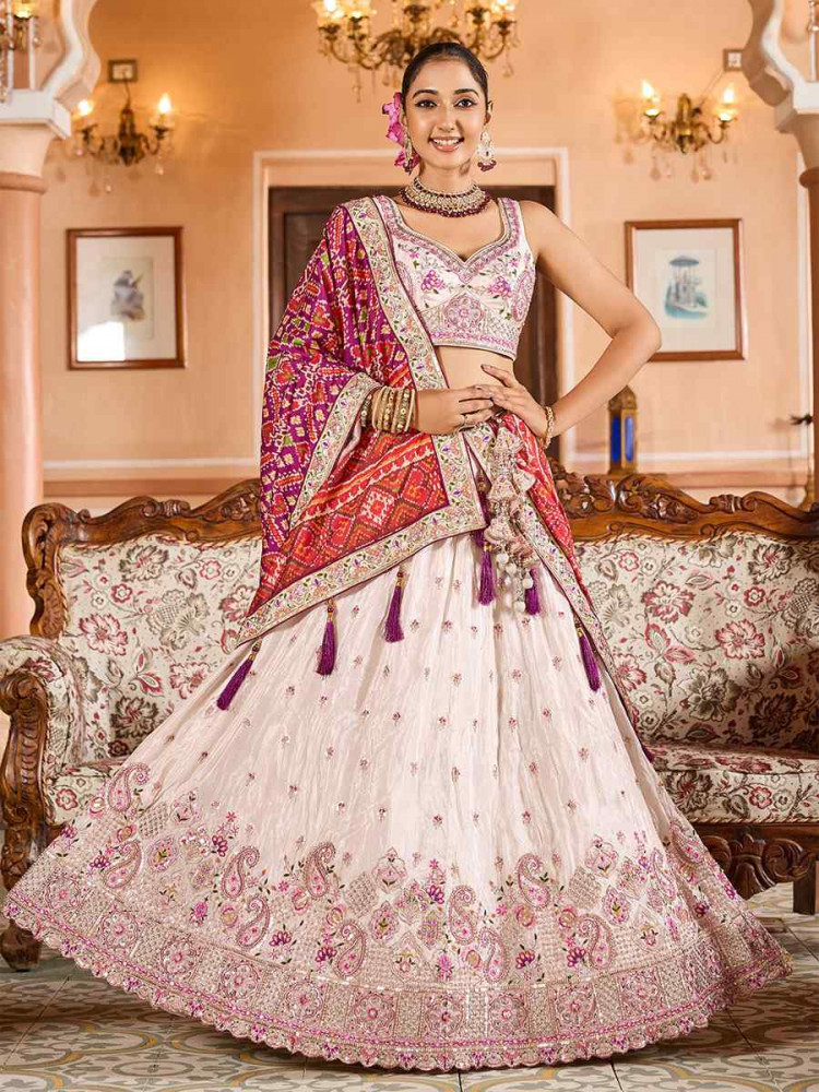 Image of Cream Tissue Embroidered Wedding Reception Festival Heavy Border Lehenga Choli