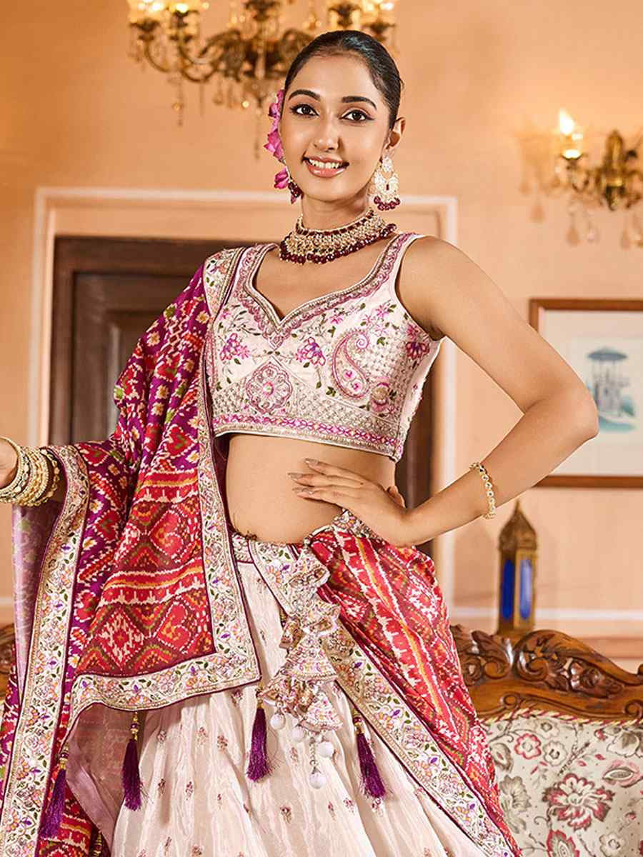 Cream Tissue Embroidered Wedding Reception Festival Heavy Border Lehenga Choli