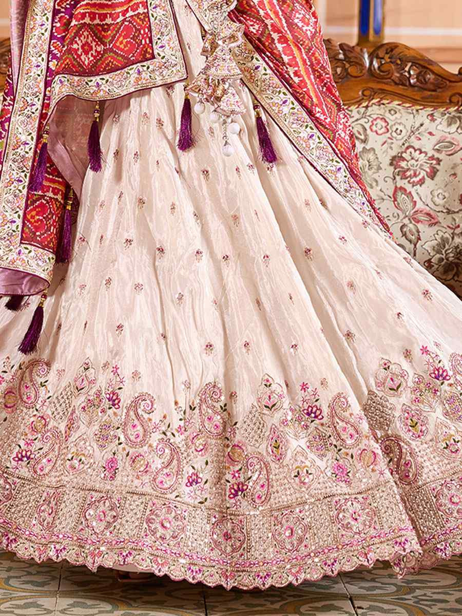 Cream Tissue Embroidered Wedding Reception Festival Heavy Border Lehenga Choli