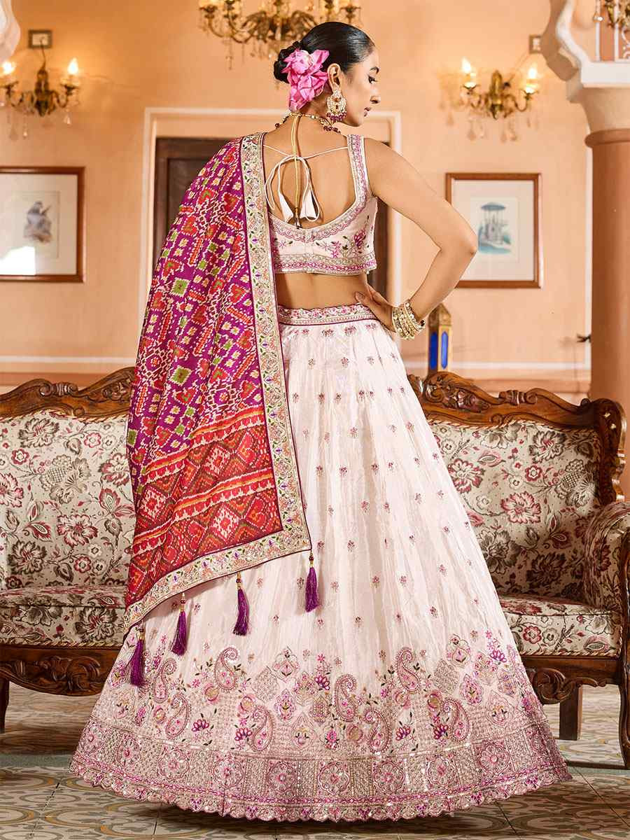 Cream Tissue Embroidered Wedding Reception Festival Heavy Border Lehenga Choli