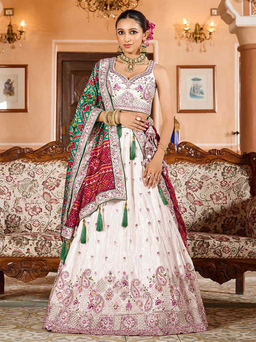 Cream Tissue Embroidered Wedding Reception Festival Heavy Border Lehenga Choli