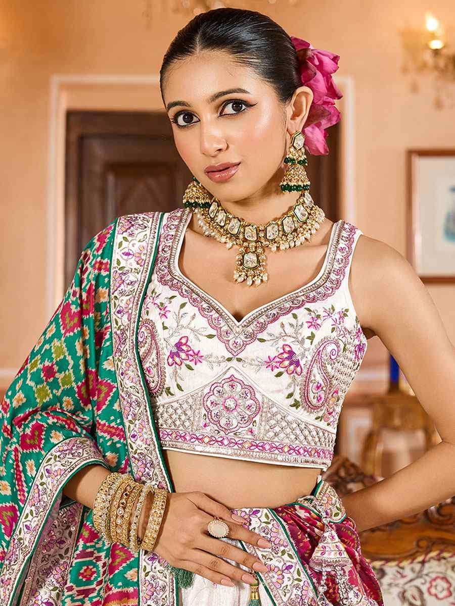 Cream Tissue Embroidered Wedding Reception Festival Heavy Border Lehenga Choli