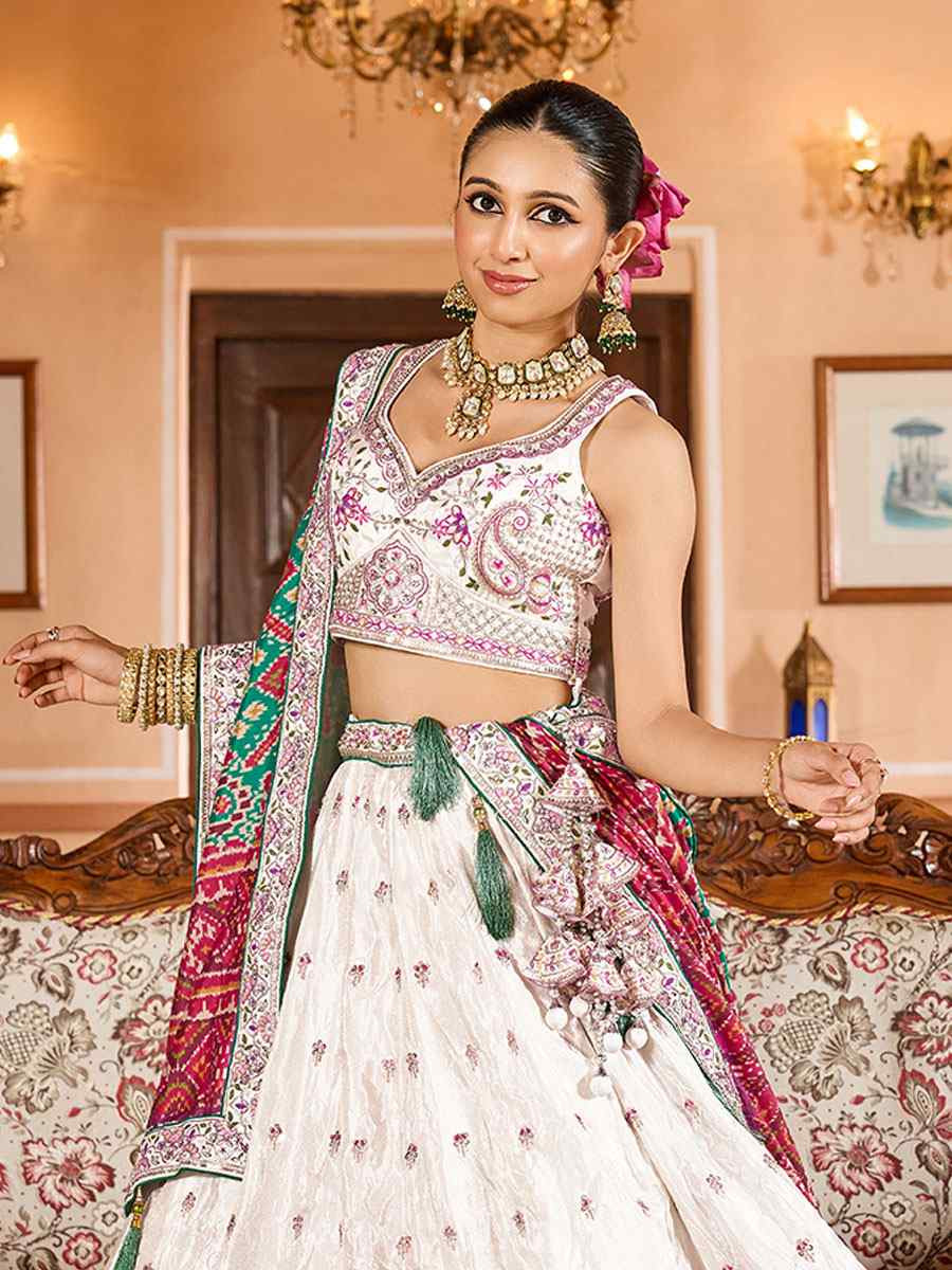 Cream Tissue Embroidered Wedding Reception Festival Heavy Border Lehenga Choli