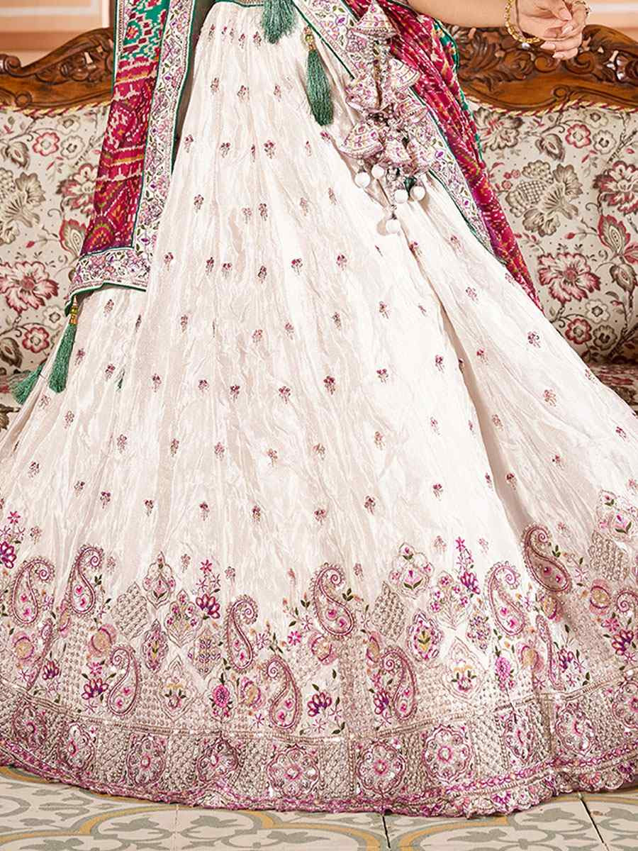 Cream Tissue Embroidered Wedding Reception Festival Heavy Border Lehenga Choli